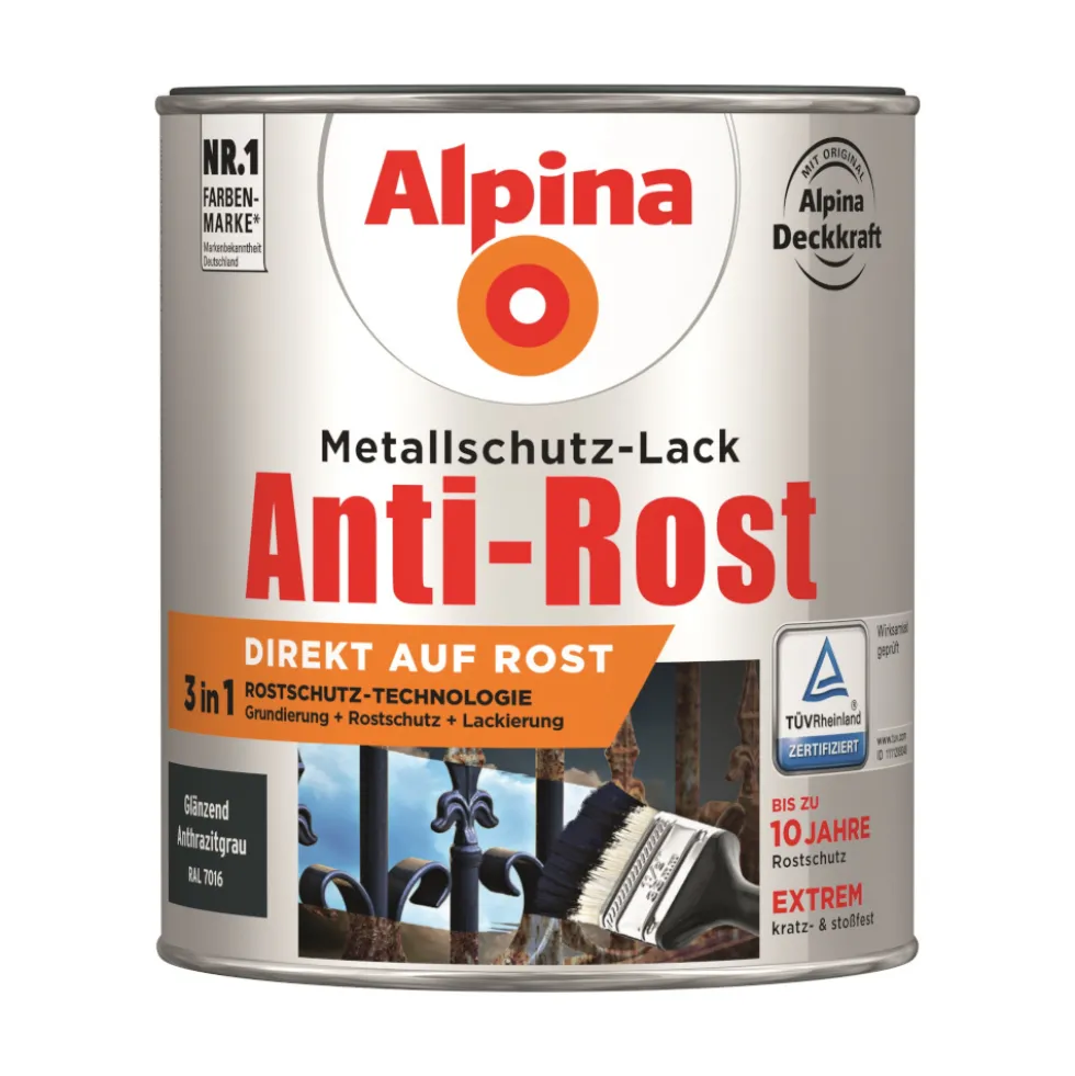 Alpina Metallschutz-Lack anthrazitgrau glanz RAL 7016 750 ml