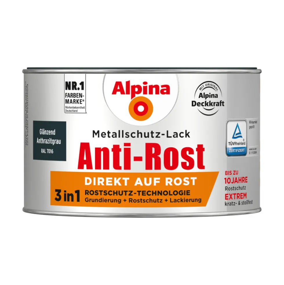 Alpina Metallschutz-Lack anthrazitgrau glanz RAL 7016 300 ml