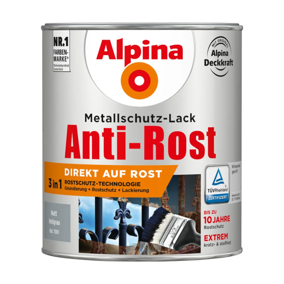Alpina Metallschutzlack Hellgrau matt 750 ml RAL 7001