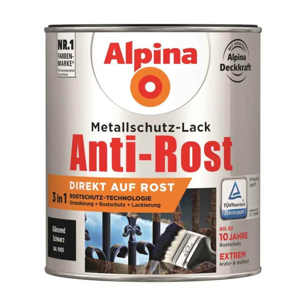 Alpina Metallschutz-Lack Schwarz glanz RAL 9005 750 ml