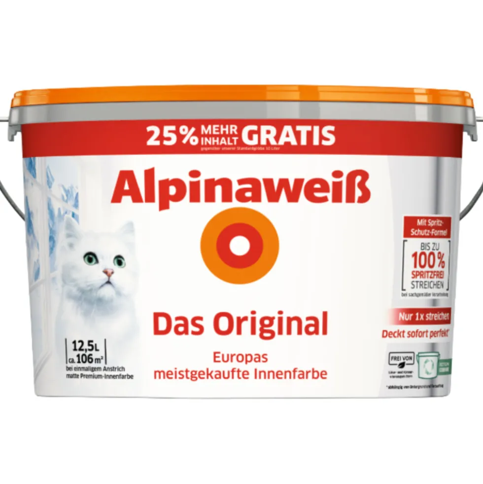 Alpinaweiß Wandfarbe 10 Liter + 2,5 Liter gratis