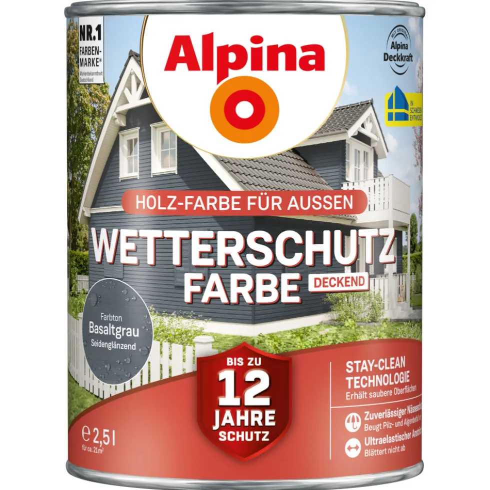 Alpina Wetterschutzfarbe Basaltgrau deckend 2,5 Liter