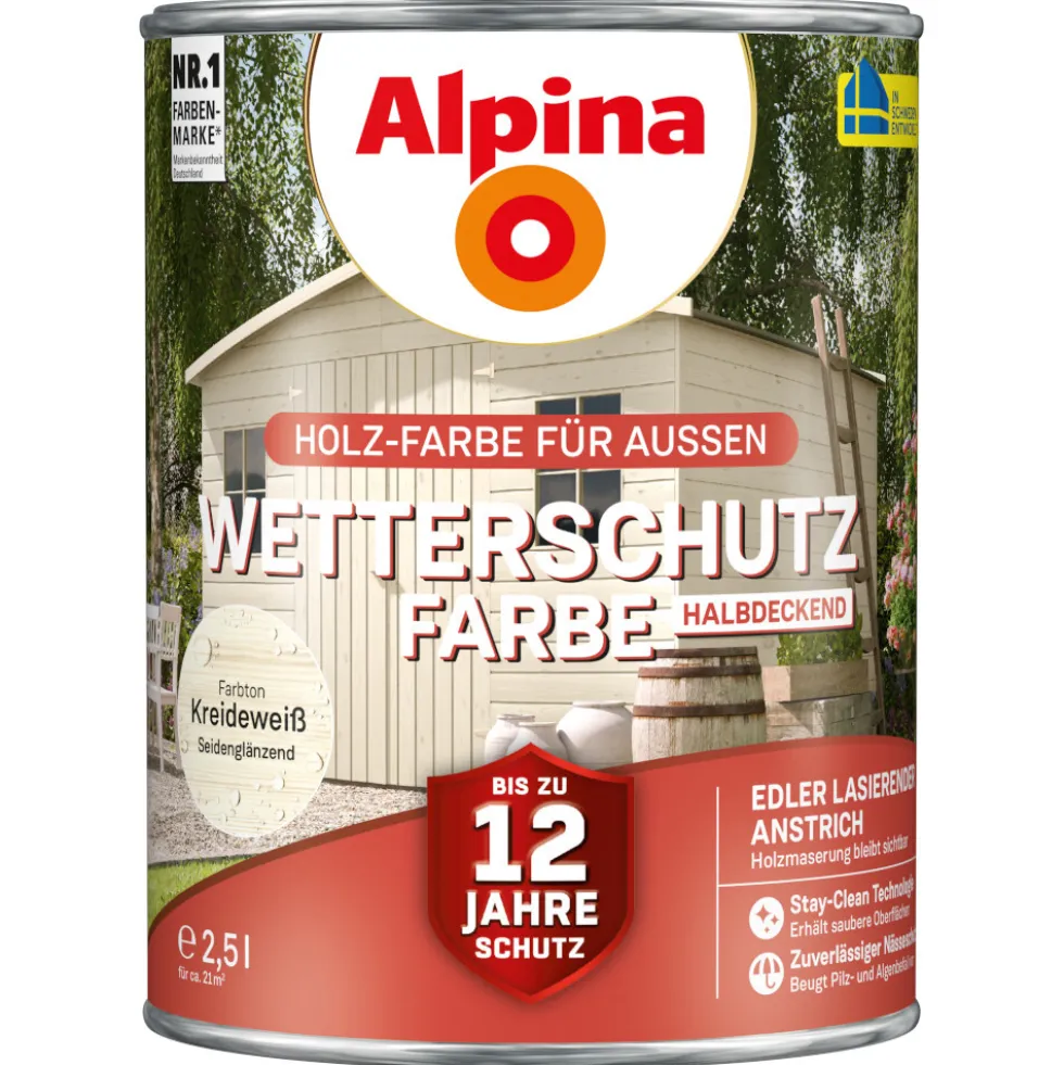 Alpina Wetterschutzfarbe Kreideweiß 2,5 Liter halbdeckend