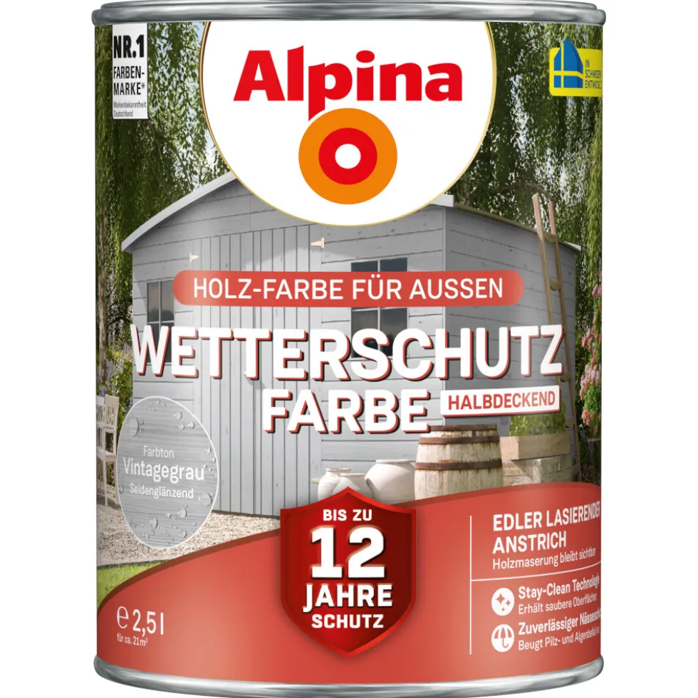 Alpina Wetterschutzfarbe Vintagegrau 2,5 Liter halbdeckend