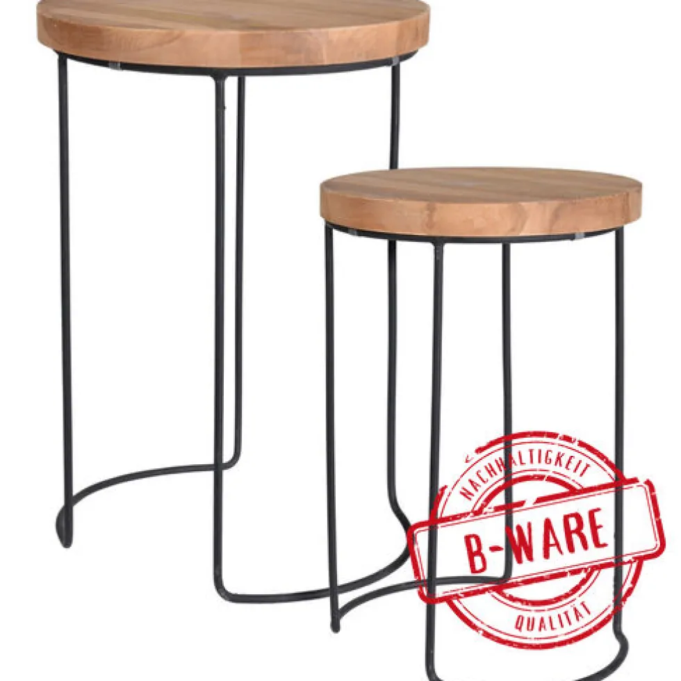 Beistelltisch-Set 2-teilig rund aus Teakholz mit Metallrahmen B-Ware