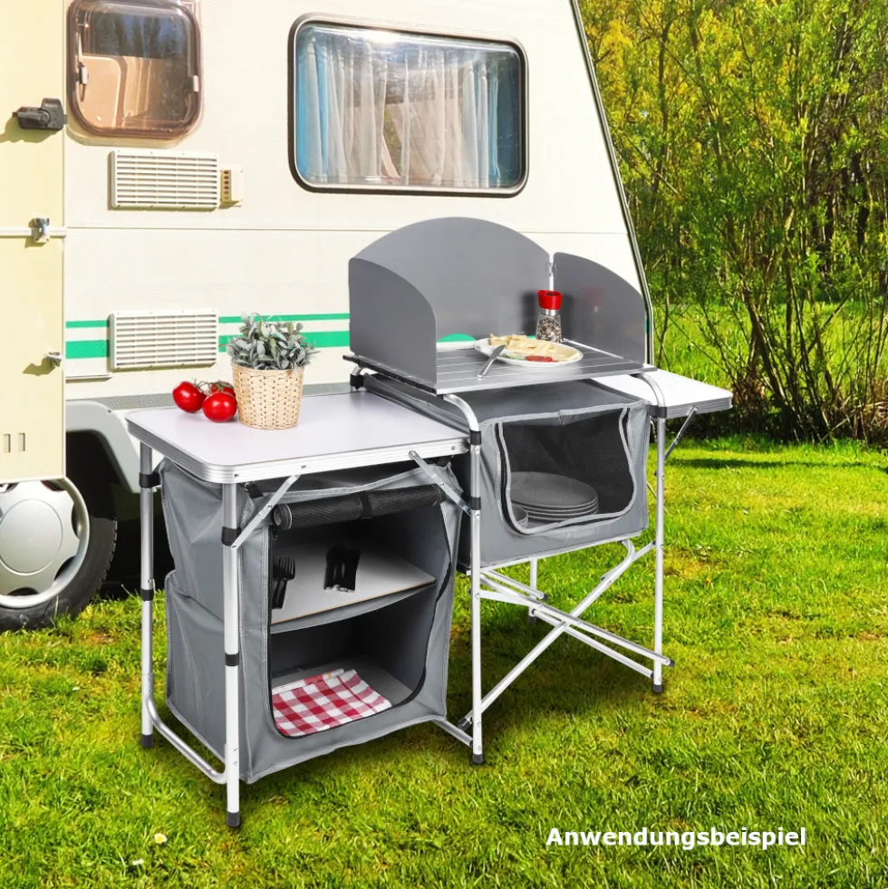Campingtisch klappbar, mit Aluminiumgestell, Windschutz und MDF-Platte
