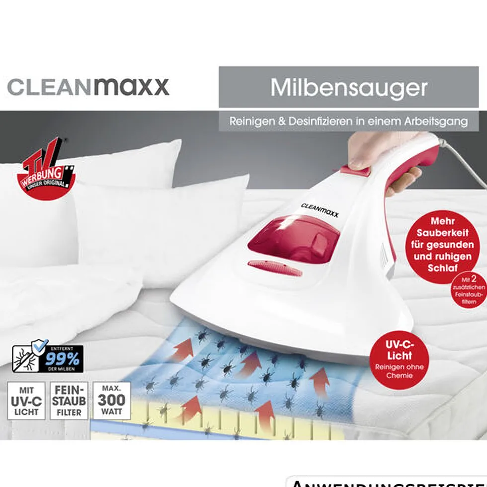 CLEANmaxx Milben-Handstaubsauger mit UV-C Licht, weiß rot