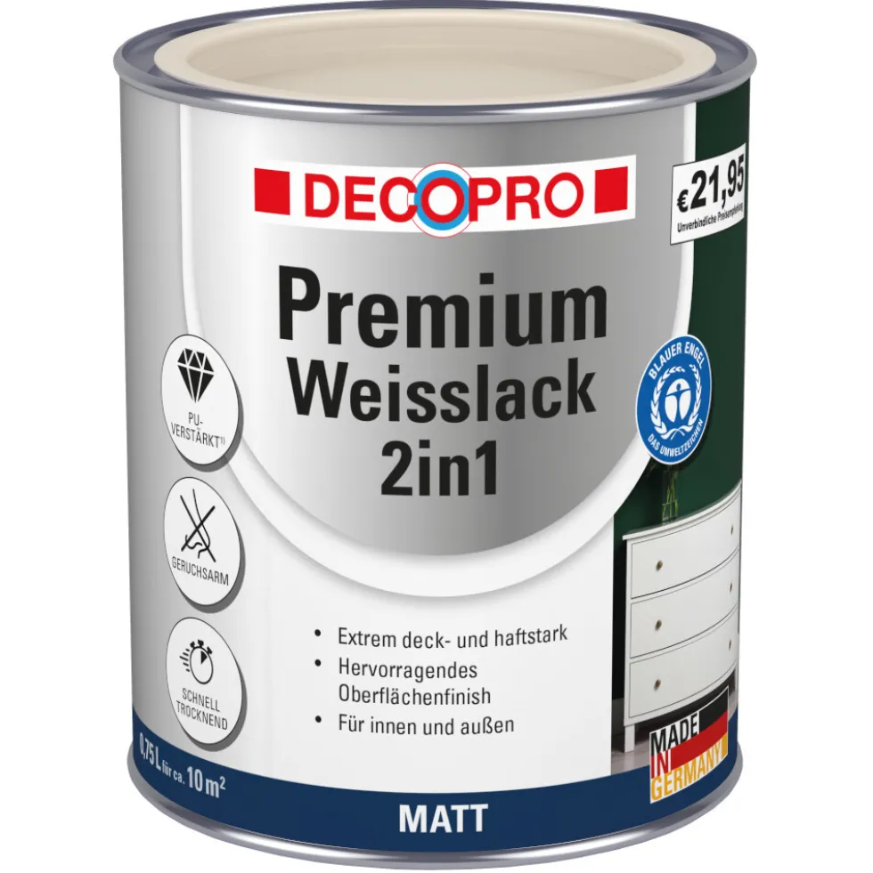 DECOPRO Premium 2in1 Weißlack 750 ml in Cremeweiß, matt RAL 9001