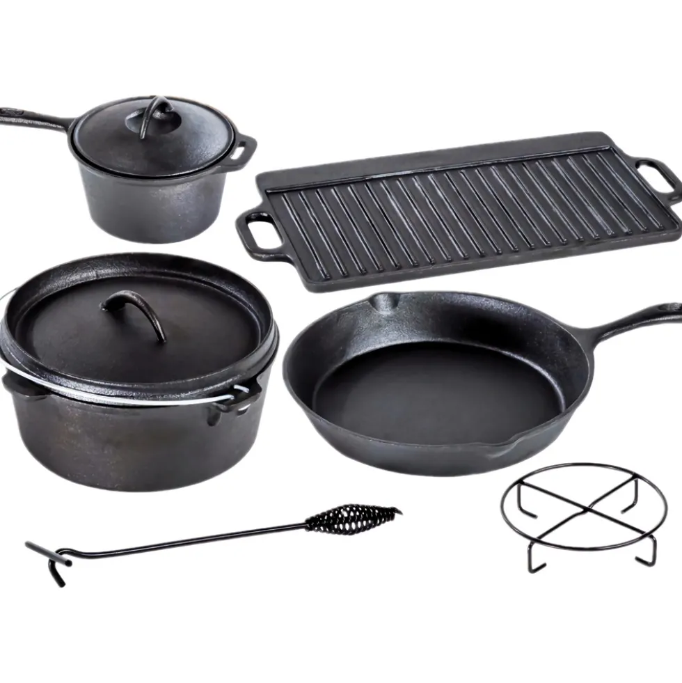 Dutch-Oven-Set 7-teilig aus Gusseisen in Holzkiste