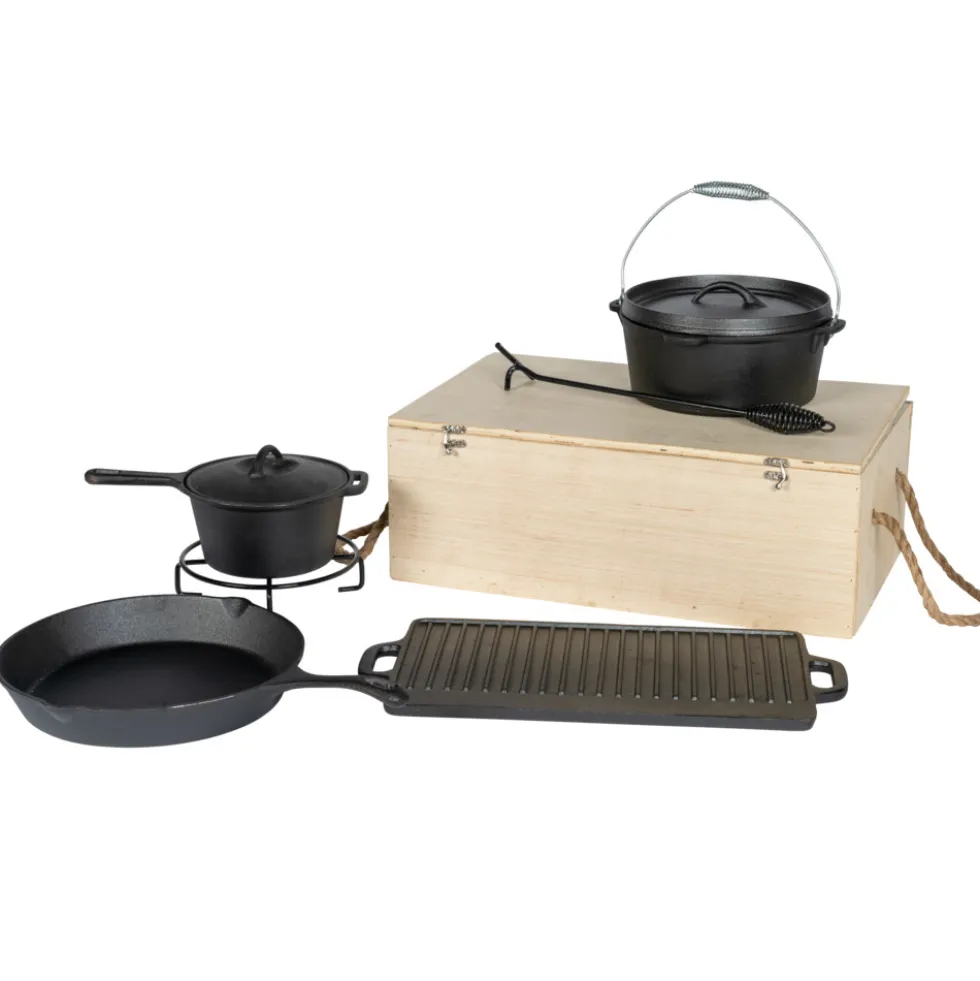 Dutch-Oven-Set 7-teilig aus Gusseisen in Holzkiste