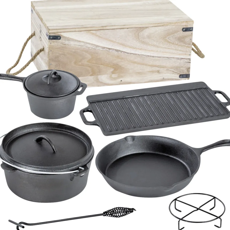 Dutch-Oven-Set 7-teilig aus Gusseisen in Holzkiste