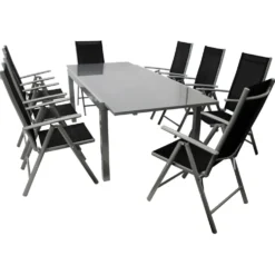 Gartengarnitur 9-teilig Alu Ausziehtisch Glas grau