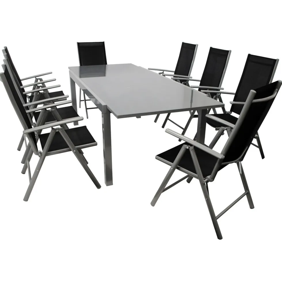 Gartengarnitur 9-teilig Alu Ausziehtisch Glas grau