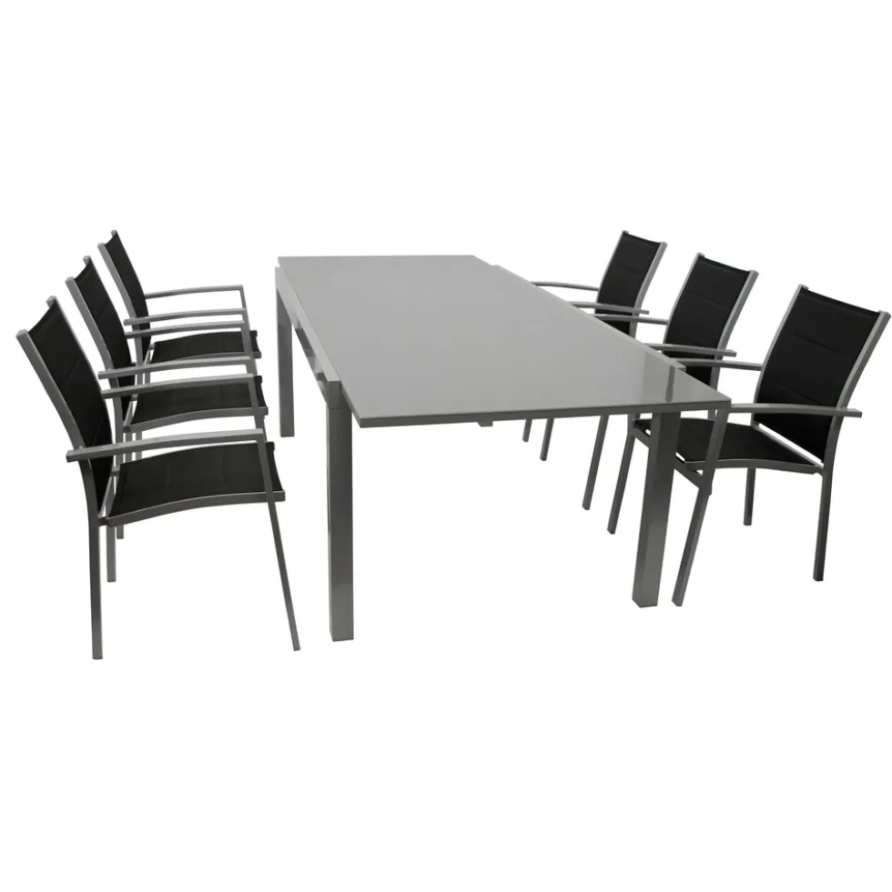 Gartengarnitur 7-teilig Alu Ausziehtisch Glas grau