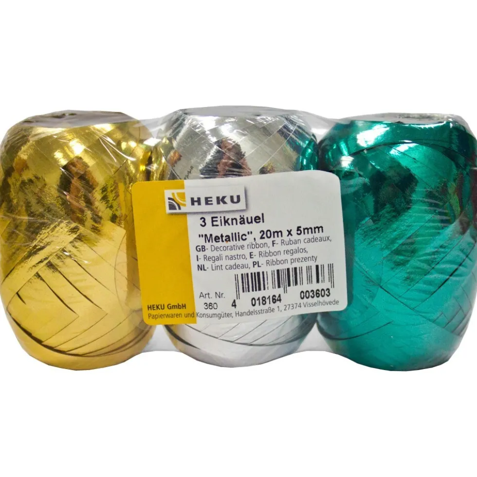 Geschenkband Eiknäuel Metallic, 20 m x 5 mm, 3 Stück