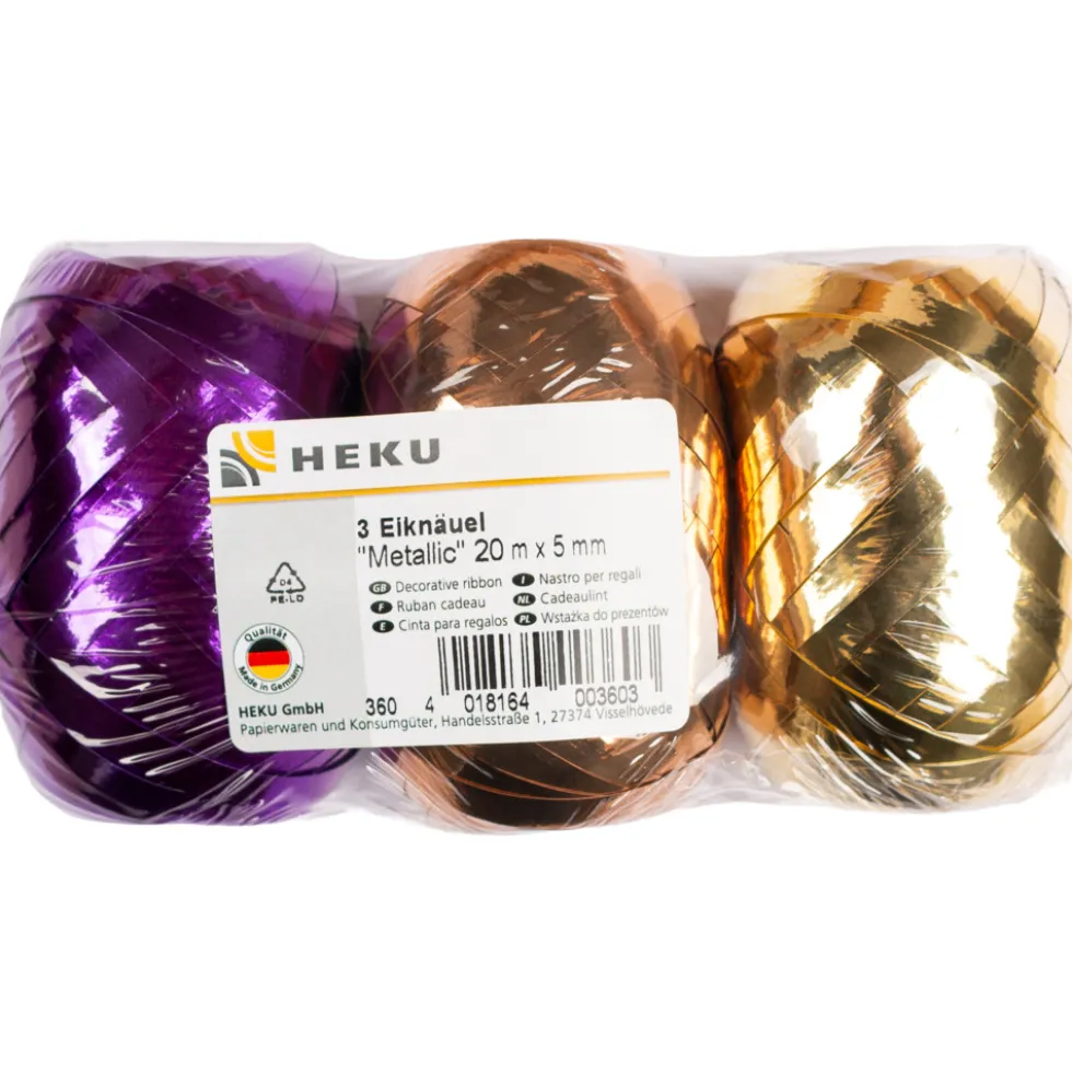 Geschenkband Eiknäuel Metallic, 20 m x 5 mm, 3 Stück