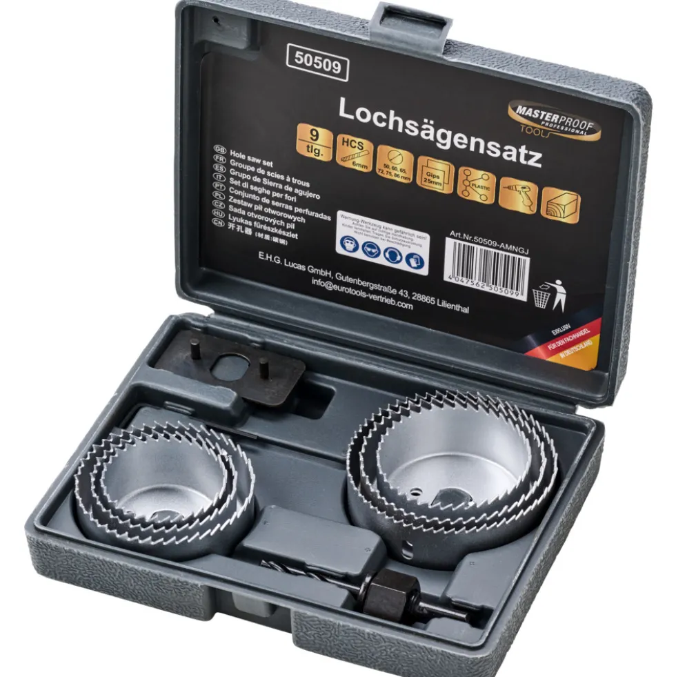 Lochsägensatz 9-teilig 50-60-65-72-75-86 mm