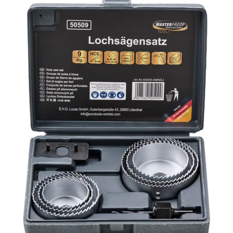 Lochsägensatz 9-teilig 50-60-65-72-75-86 mm