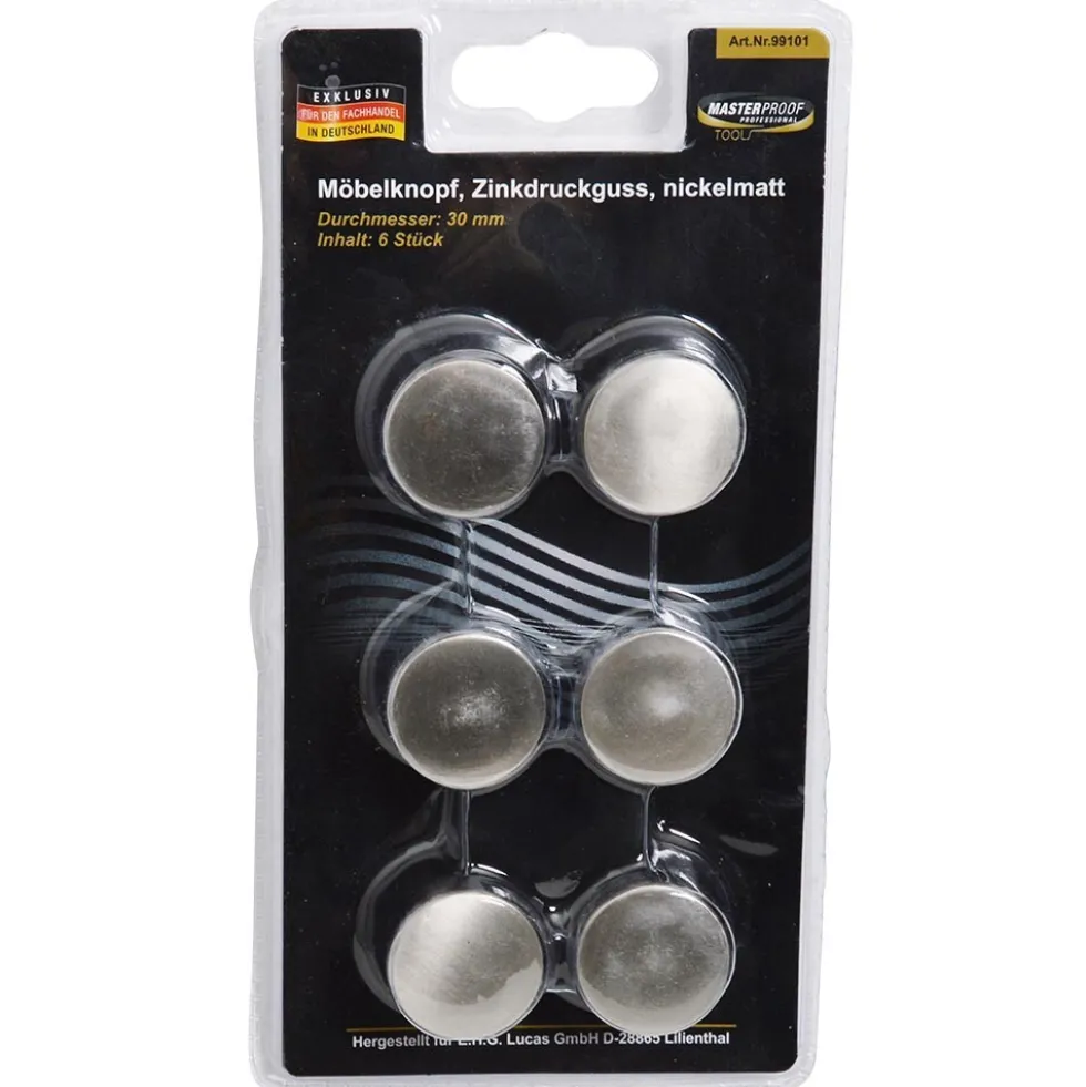 Möbelknopf aus Zinkdruckguss nickelmatt 30 mm 6-teilig