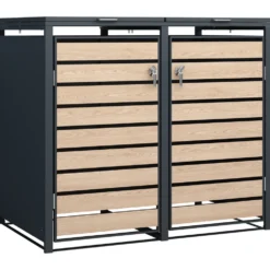 Mülltonnenbox 2x 240 Liter, Stahl verzinkt, Front in Holzoptik
