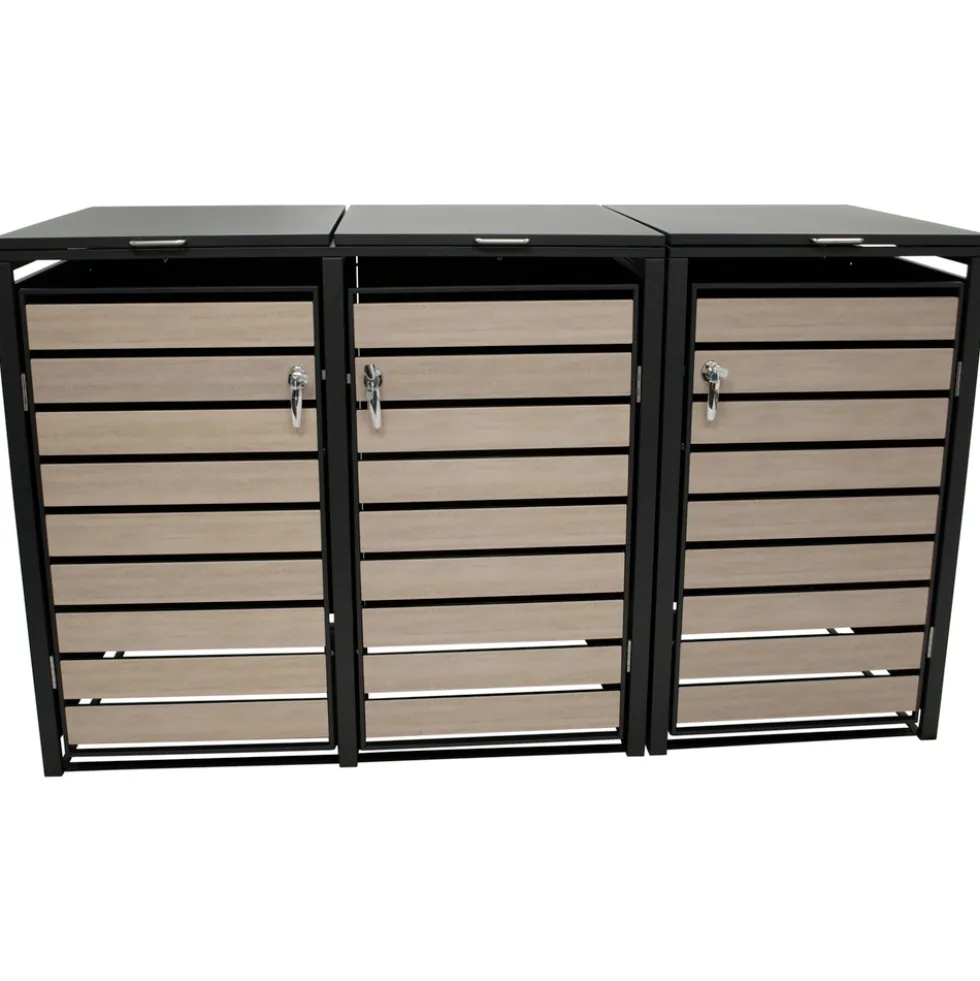 Mülltonnenbox 3x 240 Liter, Stahl verzinkt, Front in Holzoptik