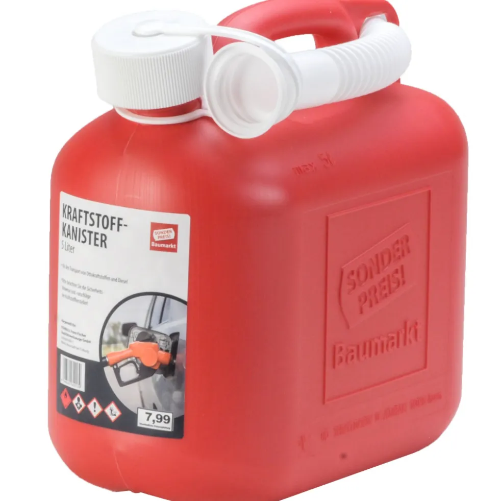 Reservekanister 5 Liter aus Kunststoff in rot mit Sicherheitsverschluss