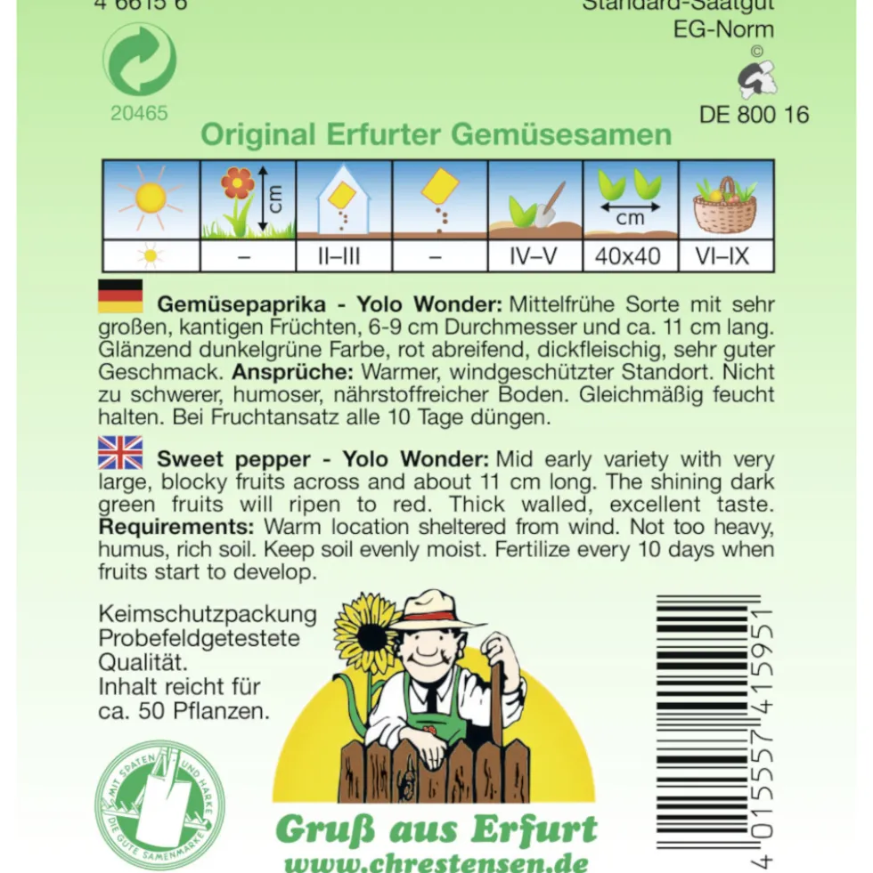 Saatgut Gemüsepaprika Yolo Wonder ca. 50 Pflanzen
