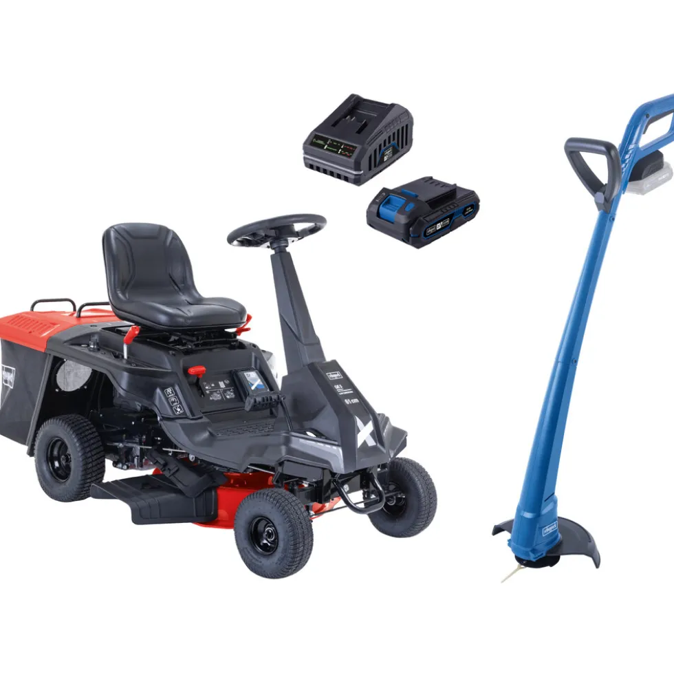 Scheppach Benzin-Aufsitzrasenmäher MR200-61 LT und Akku-Rasentrimmer im Set