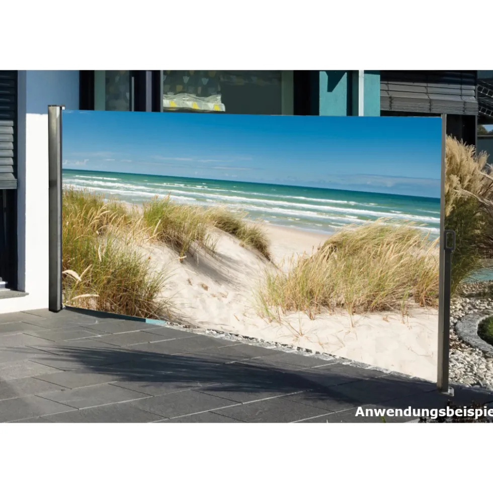 Seitenmarkise 3 x 1,6 m mit Auszug rechts und Fotodruck „Ostsee“ links