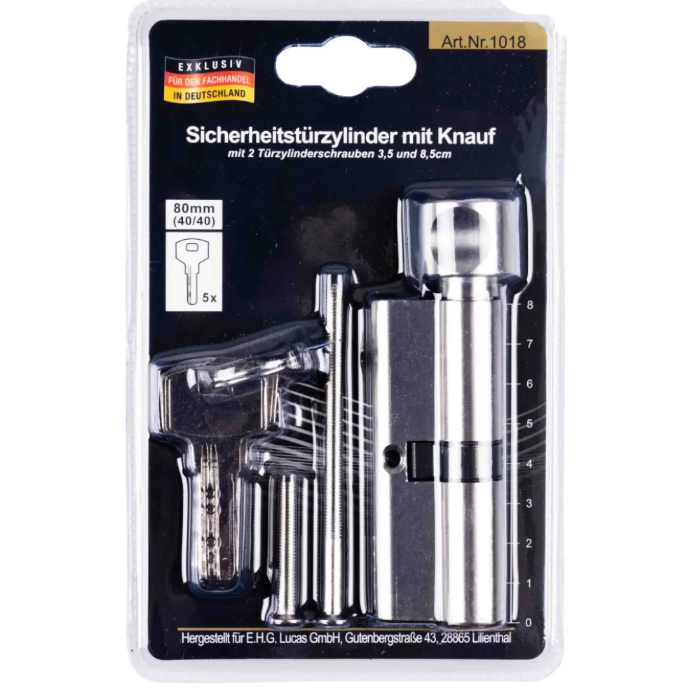 Sicherheitstürzylinder 80 mm, 40/40 mit Knauf und 5 Schlüsseln