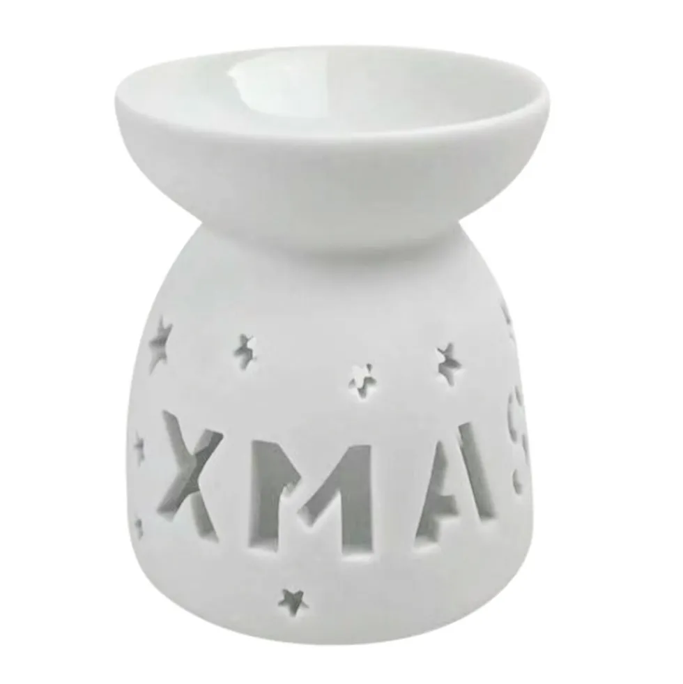 Teelicht-Duftlampe 9 cm aus weißem Keramik mit „XMAS“-Schriftzug