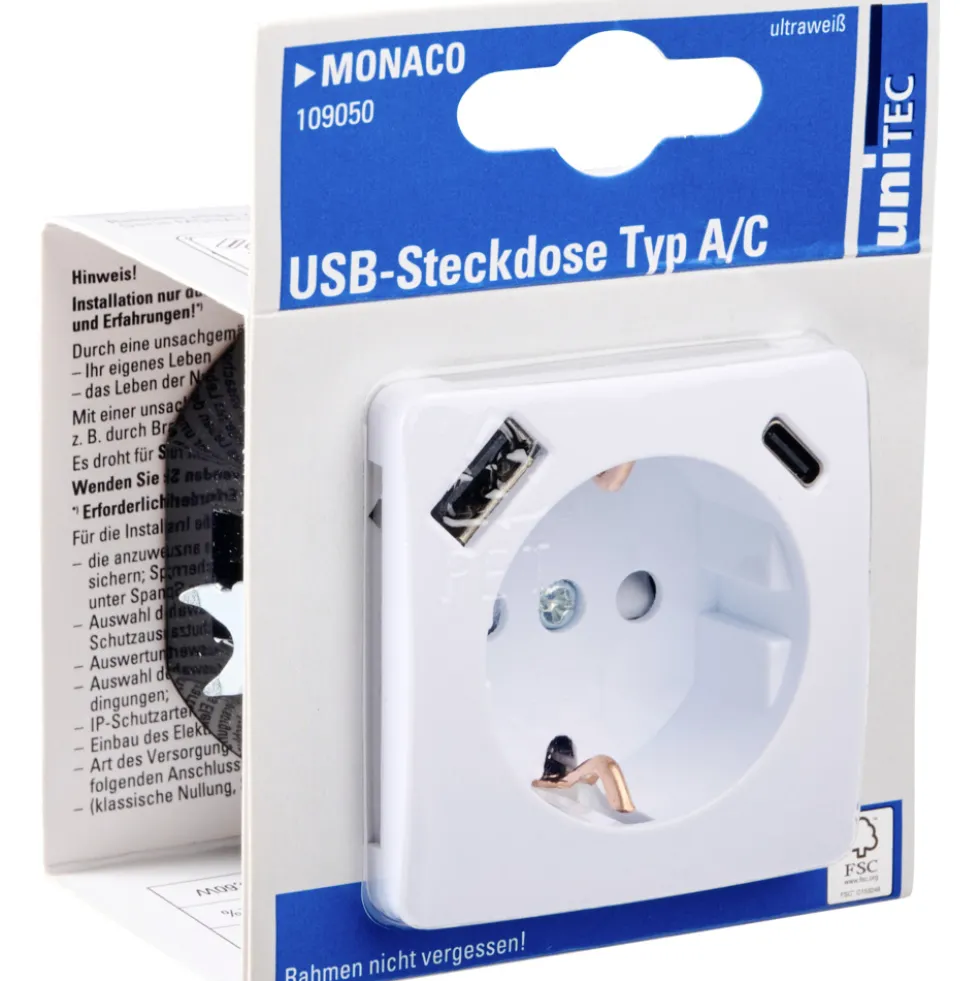 Unterputz Steckdose Monaco mit USB-A+C-Anschluss ultraweiß, IP20
