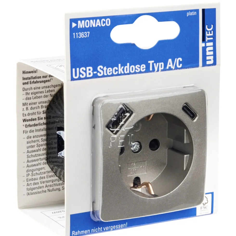 Unterputz Steckdose Monaco mit USB-A+C-Anschluss platinfarben, IP20