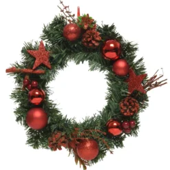 Weihnachtskranz Ø 30 cm aus Kunststoff mit roter Weihnachtsdekoration