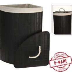 Wäschekorb mit Deckel aus Bambusholz in Schwarz B-Ware