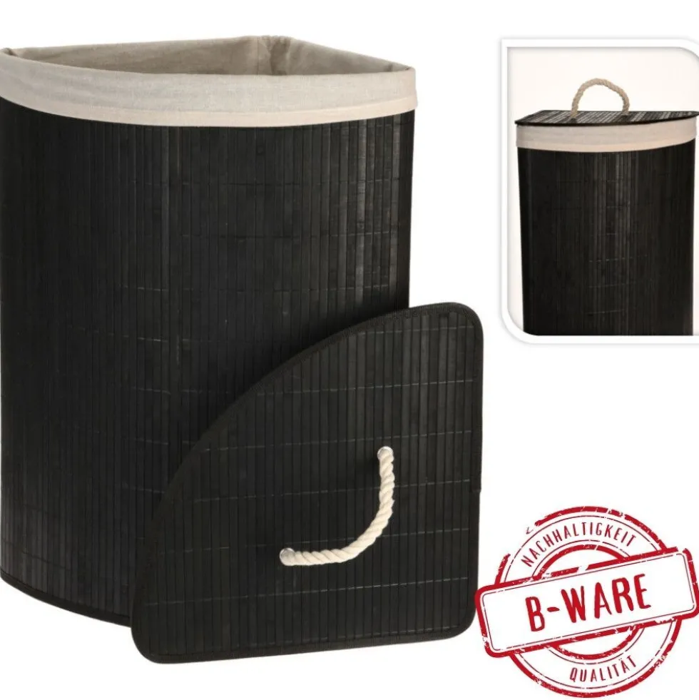 Wäschekorb mit Deckel aus Bambusholz in Schwarz B-Ware